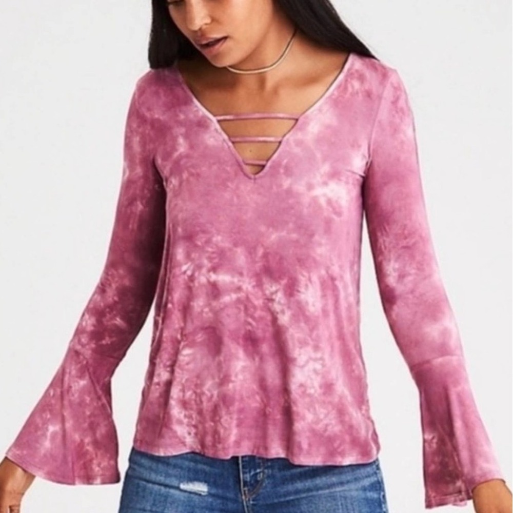 American Eagle Soft Sexy Womens XS Mauve Tie Dye Y2K Boho Bell Sleeve Hippie Top